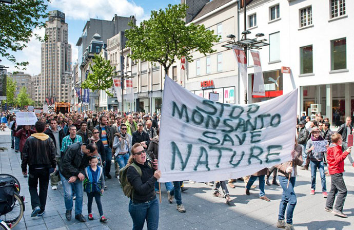 Protesters march on the Meir in Antwerp on May 25, 2013 during a protest against the American multinational agricultural biotechnology corporation Monsanto. (AFP Photo / Jonas Roosens)