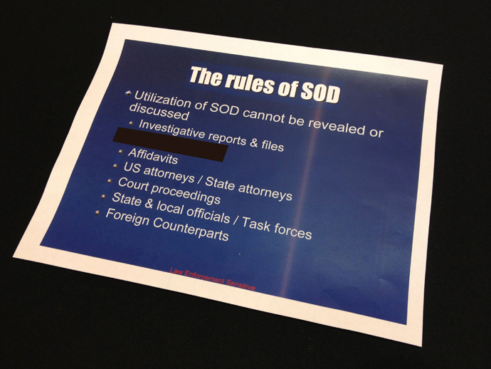 A slide from a presentation about a secretive information-sharing program run by the U.S. Drug Enforcement Administration's Special Operations Division (SOD) is seen in this undated photo (Reuters / John Shiffman)