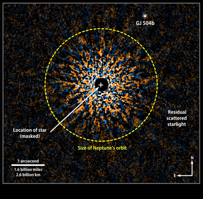 This composite combines Subaru images of GJ 504 using two near-infrared wavelengths (orange, 1.6 micrometers, taken in May 2011; blue, 1.2 micrometers, April 2012). Once processed to remove scattered starlight, the images reveal the orbiting planet, GJ 504b. Image Credit: NASAâs Goddard Space Flight Center/NOAJ