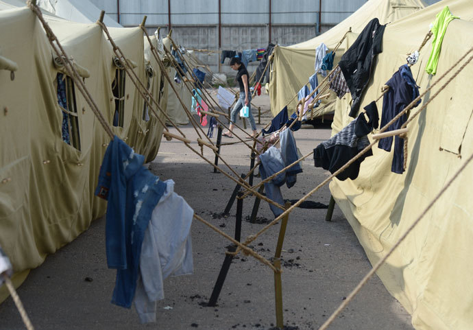 A tent camp for migrants in Moscow's Golyanovo district.(RIA Novosti / Evgeny Biyatov)
