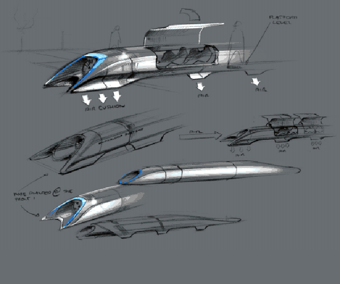 Hyperloop passenger transport capsule conceptual design sketch (Image from teslamotors.com/blog/hyperloop)