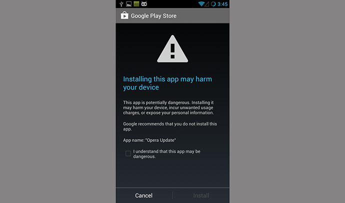The screenshot shows a warning message that may appear on some Android devices if a user tries to install a malware referred to as Trojan-SMS.AndroidOS.OpFake.a by Kaspersky Lab. In this case, the malware appears to be disguised as an update package of Opera Mobile browser.