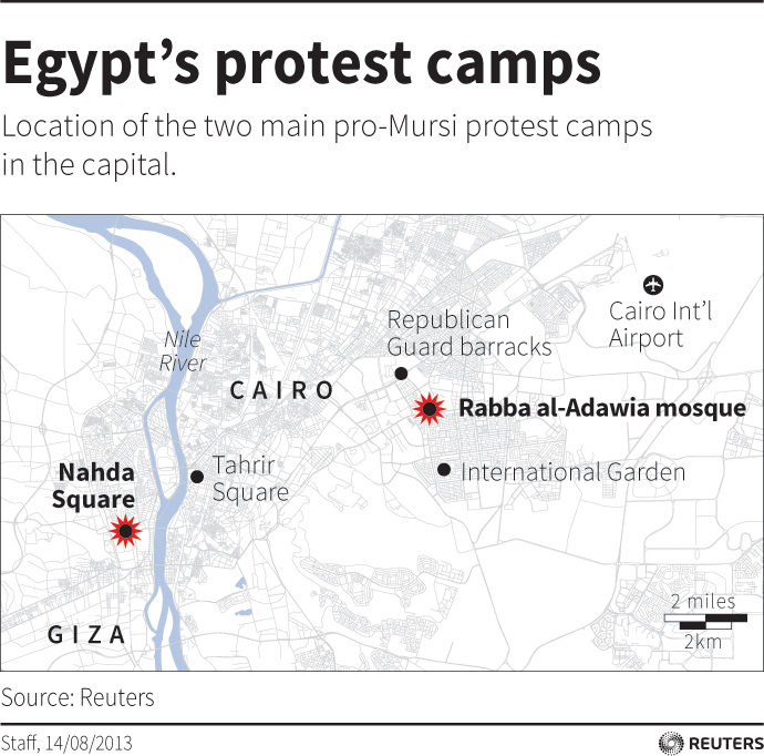 Map of Cairo locating the main protest camps used by pro-Mursi supporters (Reuters)