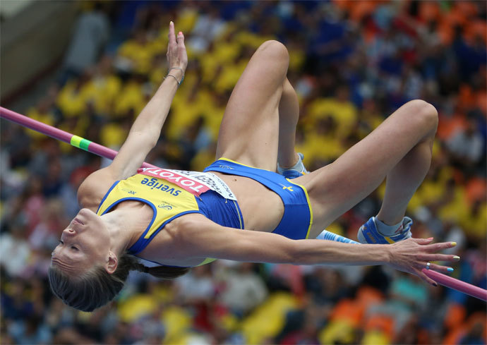 Sweden's Emma Green Tregaro competes during the women's high jump qualifications at the 2013 IAAF World Championships at the Luzhniki stadium in Moscow on August 15, 2013.(AFP Photo / Franck Fife) 