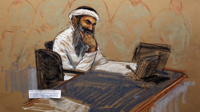 In this courtroom drawing reviewed and approved for release by a US military security official, Khalid Sheikh Mohammed sits in court on May 5, 2012 at the US Naval Base in Guantanamo Bay, Cuba. (AFP Photo / Janet Hamlin)