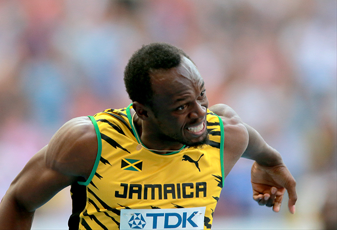 Jamaica's Usain Bolt in the men's 4x100m final relay race at the 2013 World Championships in Athletics in Moscow on August 18, 2013. (RIA Novosti / Vitaliy Belousov)