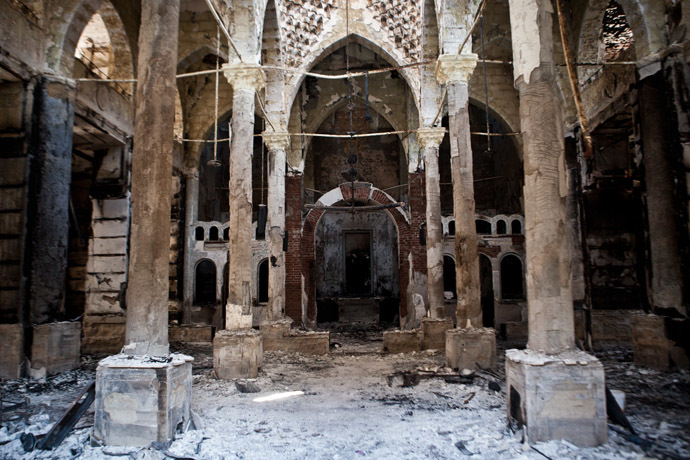 A picture taken on August 18, 2013 shows the Amir Tadros coptic Church in Minya, some 250 kms south of Cairo, which was set ablaze on August 14, 2013. (AFP Photo/Virginie Nguyen Hoang)