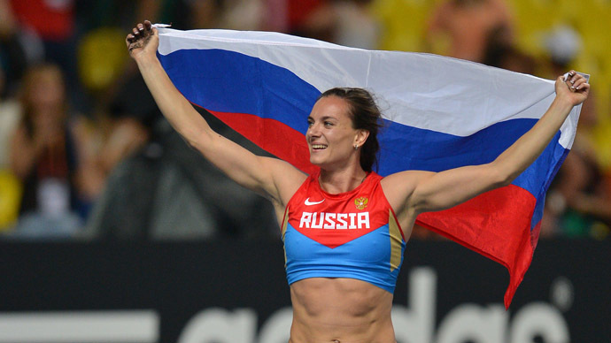 Yelena Isinbayeva (Russia) after her win in the women's pole vault final at the World Championships in Athletics in Moscow. (RIA Novosti/Ramil Sitdikov)