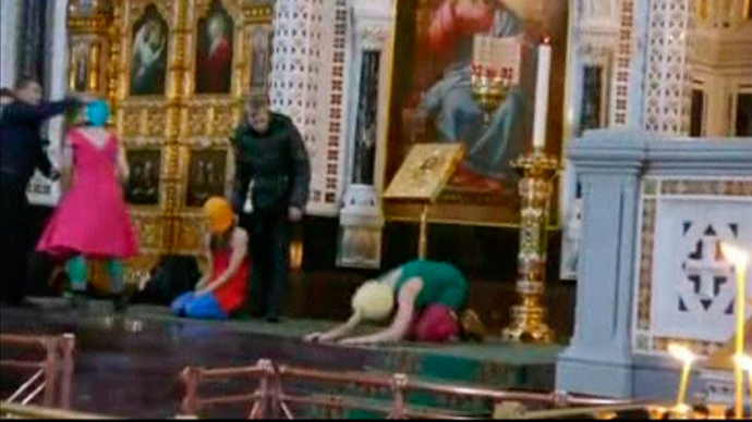 Members of the female punk band "Pussy Riot" stage a protest inside Christ The Saviour Cathedral in Moscow in this still image taken from file video February 21, 2012 (Reuters / Pussy Riot Group / Reuters TV / Handout)