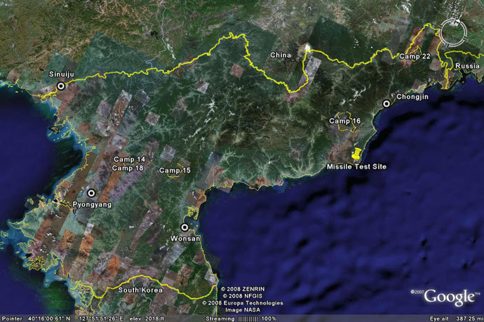 This Google Maps image published on freekorea.us claims to be showing locations and boundaries of largest North Korean labor camps, including the one known as Camp 14, or Kaechon internment camp.