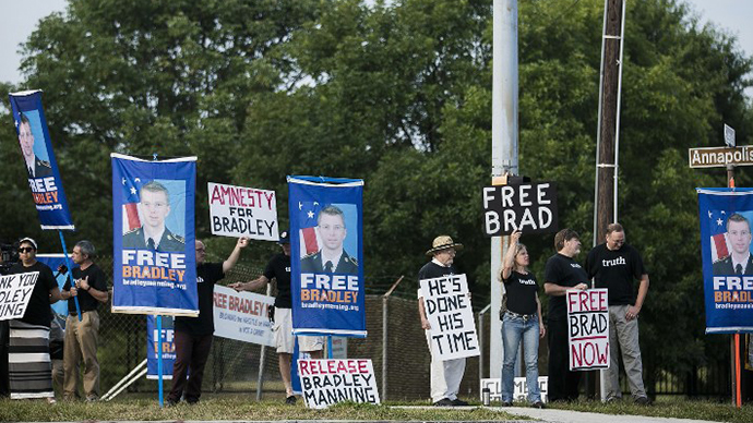 Protesters with the Bradley Manning Support Network hold a vigil while waiting to hear Manning's sentence on August 21, 2013 outside the gate of Fort George G. Meade, Maryland. (AFP Photo / T.J. Kirkpatrick)