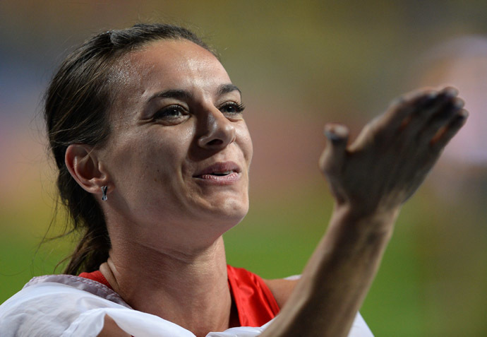 Yelena Isinbayeva (Russia) after her win in the women's pole vault final at the World Championships in Athletics in Moscow. (RIA Novosti/ Alexey Filippov)