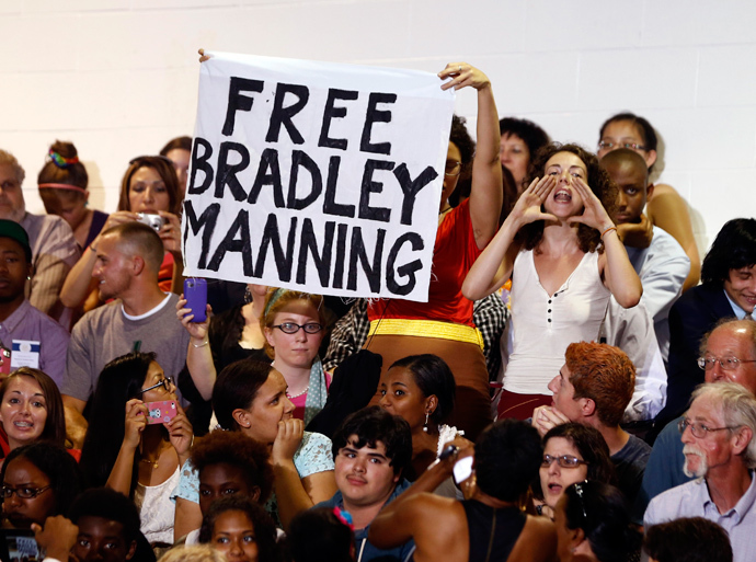 A protester shouts for the release of Bradley Manning, the U.S. soldier convicted of the biggest breach of classified data in the nation's history, interrupting a speech by U.S. President Barack Obama on affordable education at Henninger High School in Syracuse, New York, August 22, 2013 (Reuters / Jason Reed)