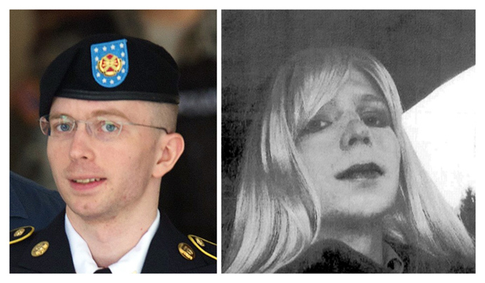 These two file photos show US Army Private First Class Bradley Manning (L) leaving a military court facility on July 30, 2013 in Fort Meade, Maryland; and at right in an undated photo courtesy of the US Army showing Bradley Manning in wig and make-up (AFP Photo/ Files / Saul Loeb (L) / US Army (R)