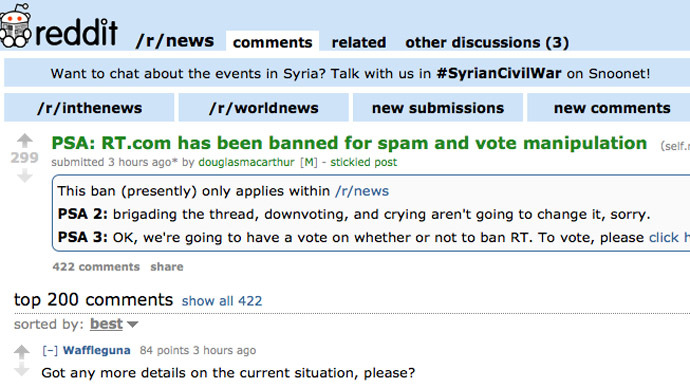 RT.com partially banned by Reddit