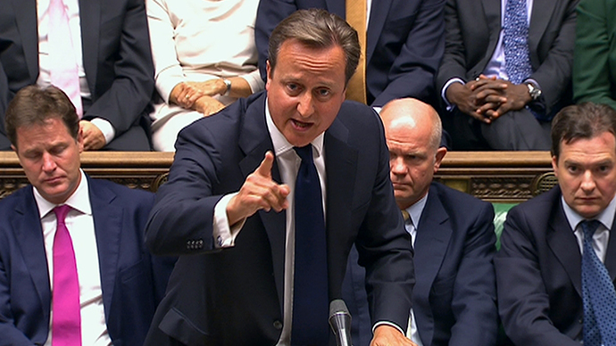 Britain's Prime Minister David Cameron is seen addressing the House of Commons in this still image taken from video in London August 29, 2013. (Reuters)