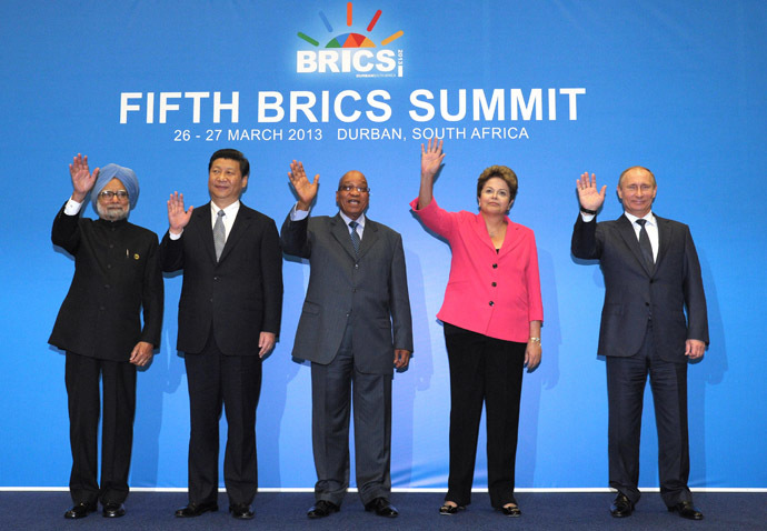 March 27, 2013. From left: Indian Prime Minister Manmohan Singh, Chinese President Xi Jinping , South African President Jacob Zuma, Brazilian President Dilma Rousseff, and Russian President Vladimir Putin, B, and during a joint photo op at the BRICS summit in Durban, South Africa. (RIA Novosti/Alexei Druzhinin)