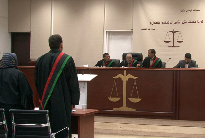 A general view shows the courtroom during the trial of Seif al-Islam (unseen), son of Libya's late dictator Muammar Gaddafi, for illegally trying to communicate with the outside world in June last year, on May 2, 2013 in Libya's northwestern town of Zintan. (AFP Photo)