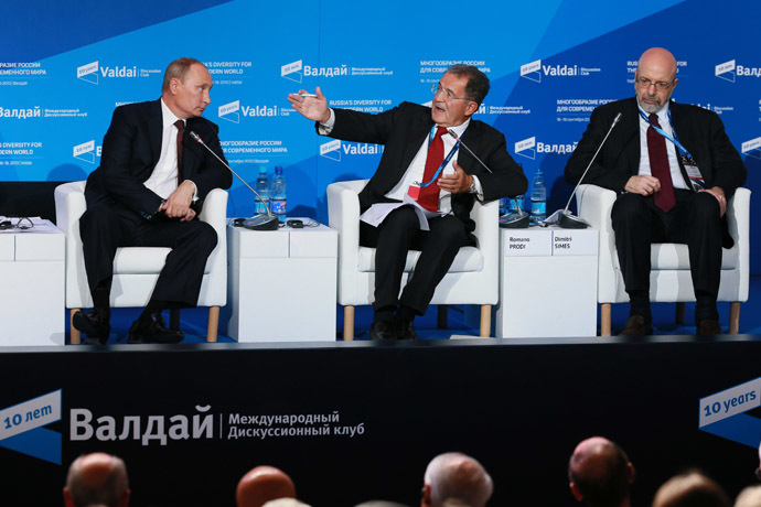 From left: Russian President Vladimir Putin, former Italian Prime Minister Romano Prodi and the National Interest publisher, Richard Nixon Center President Dimitri Simes attending the tenth anniversary meeting of Valdai International Discussion Club in the Novgorod Region, September 19, 2013. (RIA Novosti/Anton Denisov)