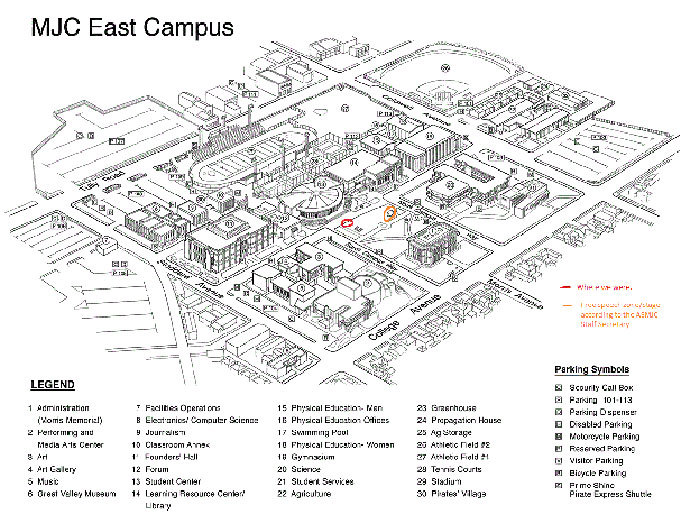 FIRE has published a map of the Modesto campus; the "Free Speech Area" is circled in orange.