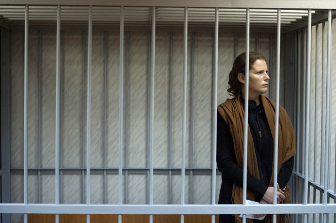 This handout picture released on September 29, 2013 by Greenpeace International shows Greenpeace activist Ana Paula Alminhana Maciel from Brazil at the Leninsky district Court of Murmansk. (AFP Photo/Dmitri Sharomov)