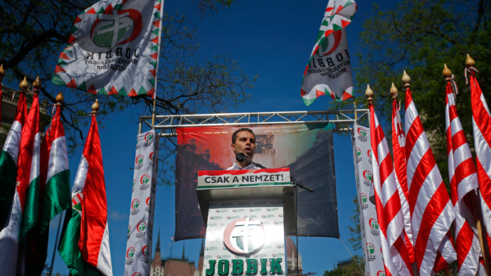 Gabor Vona, chairman of Hungary's far-right Jobbik party, delivers a speech to hundreds of far-right supporters during a rally against the World Jewish Congress Plenary Assembly in Budapest May 4, 2013 (Reuters / Laszlo Balogh)