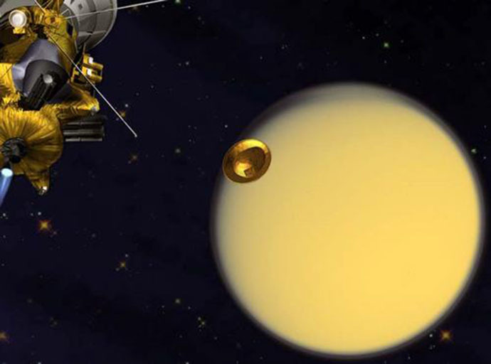 An artist's concept of the European Space Agency's Huygens Probe en route to Titan after release from the NASA Cassini orbiter. (Credit: NASA/JPL)
