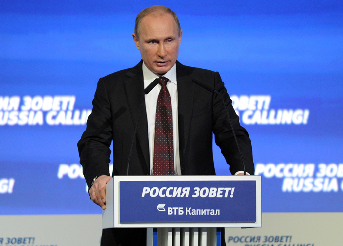 October 2, 2013. President Vladimir Putin speaks at a meeting of the VTB Capital Forum Russia Calling, in Moscow (RIA Novosti / Aleksey Nikolsky)