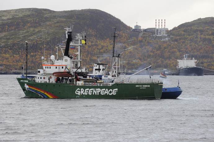 Greenpeace's ice class Arctic Sunrise detained by FSB during an action of protest at the Prirazlomnaya oil platform in the Kola Bay of the Perchora Sea (RIA Novosti / Sergey Eshenko) 