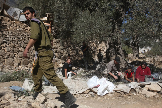 An Israeli soldier walks past Palestinians harvesting their olive groves, as the Israel army stands guard to protect the farmers from attacks by Jewish settlers from the nearby Israeli settlement of Tal Rumeda on October 12, 2013, near the West Bank city of Hebron. (AFP Photo / Hazem Bader)