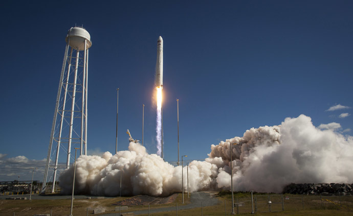 This photo courtesy of NASA shows the Orbital Sciences Corporation Antares rocket, with the Cygnus cargo spacecraft aboard, as it launches from Pad-0A of the Mid-Atlantic Regional Spaceport (MARS), September 18, 2013, NASA Wallops Flight Facility, Virginia. (AFP/NASA)