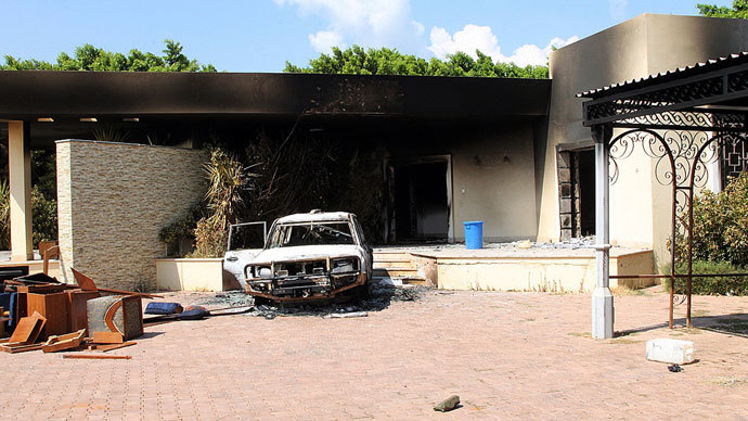 A burnt house and a car are seen inside the US Embassy compound on September 12, 2012 in Benghazi, Libya following an overnight attack on the building.( AFP Photo / Stringer )