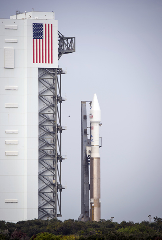 In this image released by NASA, the United Launch Alliance Atlas V rocket and NASAâs Mars Atmosphere and Volatile Evolution (MAVEN) spacecraft rolls out of the Cape Canaveral Air Force Station Space Launch Complex to the launch pad, on November 16, 2013, Cape Canaveral, Florida (AFP Photo)