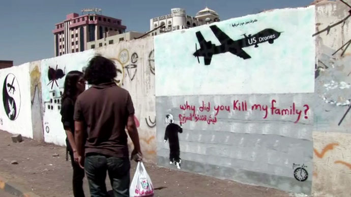 Graffiti on one of the walls in the capital of Yemen, Sanaa. Screenshot from RT video