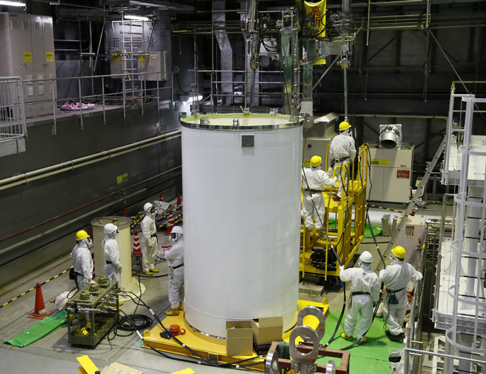 Workers wearing protective suits and masks check a transport container and a crane in preparation for the removal of spent nuclear fuel from a pool of spent fuel inside the No.4 reactor building at the tsunami-crippled Tokyo Electric Power Co.'s (TEPCO) Fukushima Daiichi nuclear power plant in Fukushima prefecture, November 7, 2013. (Reuters/Kimimasa Mayama)