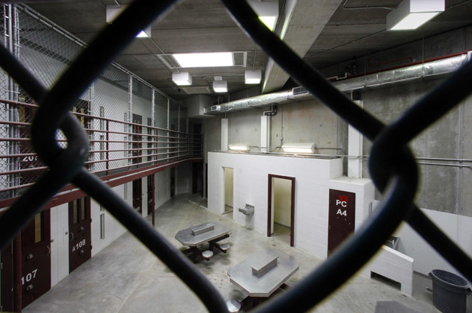 The interior of an unoccupied communal cellblock is seen at Camp VI, a prison used to house detainees at the U.S. Naval Base at Guantanamo Bay (Reuters/Wolfgang Rattay)