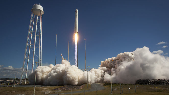 This photo courtesy of NASA shows the Orbital Sciences Corporation Antares rocket, with the Cygnus cargo spacecraft aboard, as it launches from Pad-0A of the Mid-Atlantic Regional Spaceport (MARS), September 18, 2013.(AFP Photo / NASA)