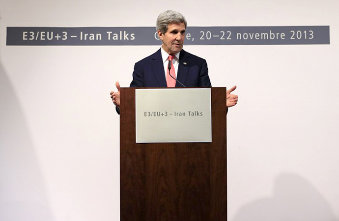 US Secretary of State John Kerry delivers a speech during a press conference at the CICG (Centre International de Conferences Geneve) after talks over Iran's nuclear programme in Geneva on November 24, 2013. (AFP Photo / Alexander Klein)