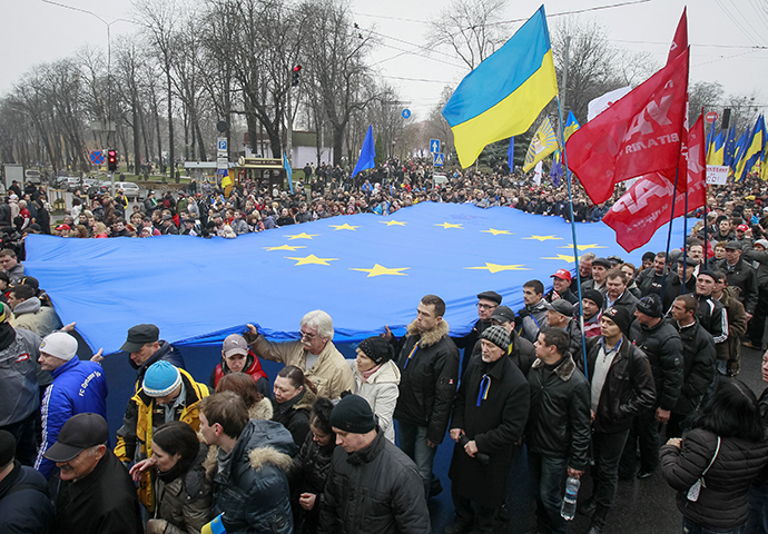 Protestors carry an EU flag as they take part in a rally to support EU integration in central Kiev November 24, 2013. (Reuters / Gleb Garanich)