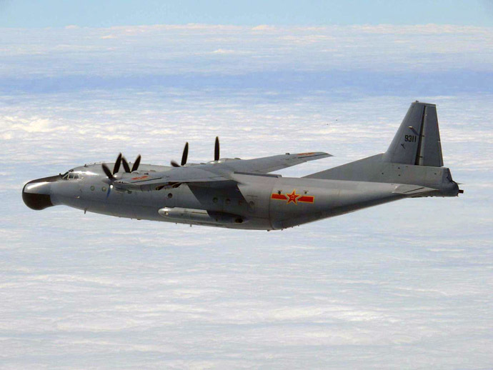 A Chinese military plane Y-8 airborne early warning plane flies through airspace between Okinawa prefecture's main island and the smaller Miyako island in southern Japan, out over the Pacific, in this handout photo taken on October 27, 2013 by the Japan Air Self-Defence Force and released by the Joint Staff Office of the Defense Ministry of Japan. (Reuters/Joint Staff Office of the Defense Ministry of Japan)