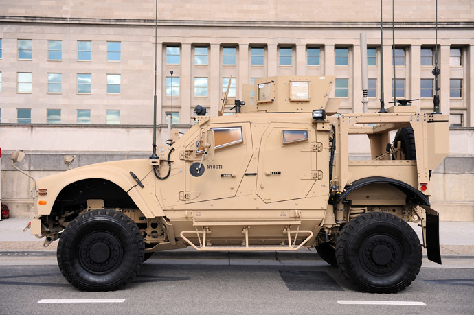 A new Mine Resistant Ambush Protected (MRAP) vehicle called the M-ATV is on display outside the Pentagon (AFP Photo/Tim Sloan)