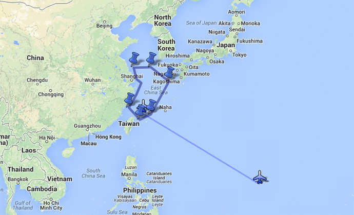 Presumed flight path of US B-52s, Nov. 26, 2013