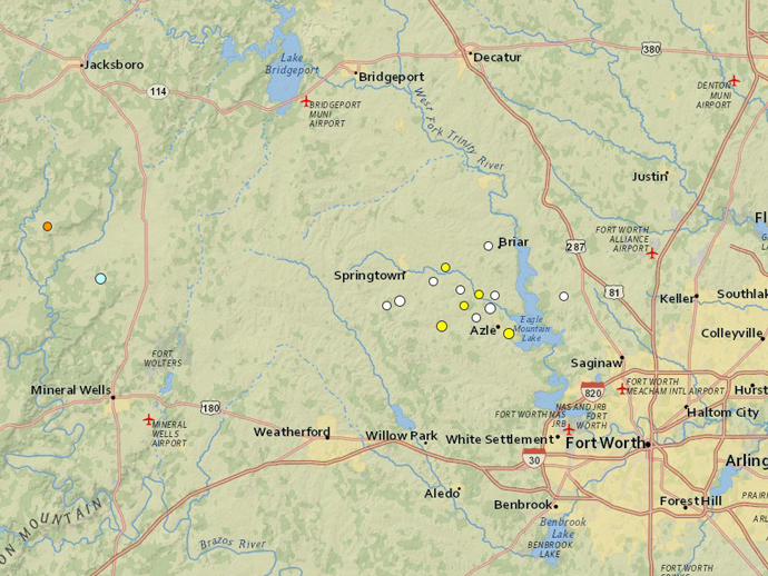Earthquakes in Texas in last 3 weeks (image from http://earthquake.usgs.gov)