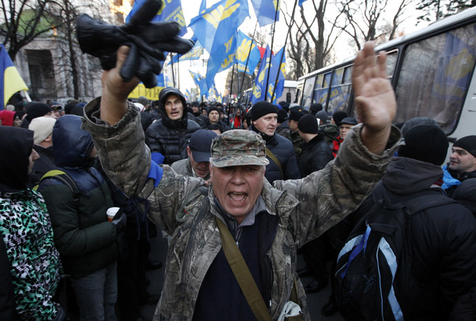 A protestor shouts during a demonstration in support of EU integration in Kiev December 3, 2013. (Reuters/Vasily Fedosenko)