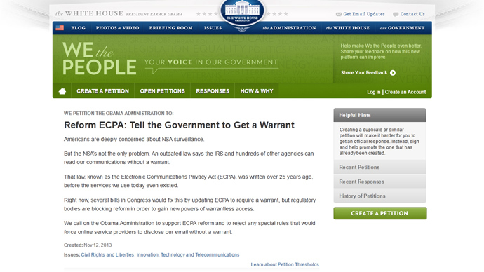 'You need a warrant to read my mail!' 100,000 sign anti-spying WH petition