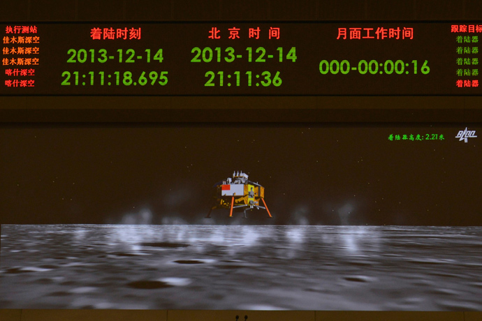 A photograph taken on a giant screen at the Beijing Aerospace Control Center in Beijing shows an animated image of the Chang'e-3 lunar probe landing onto the surface of the moon, December 14, 2013. (Reuters / Stringer) 