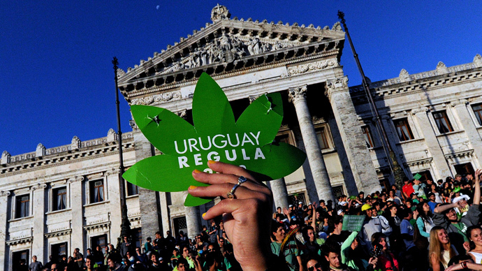 People take part in a demo for the legalization of marijuana in front of the Legislative Palace in Montevideo, on December 10, 2013, as the Senate discusses a law on the legalization of marijuana's cultivation and consumption. (AFP Photo / Pablo Porciuncula) 