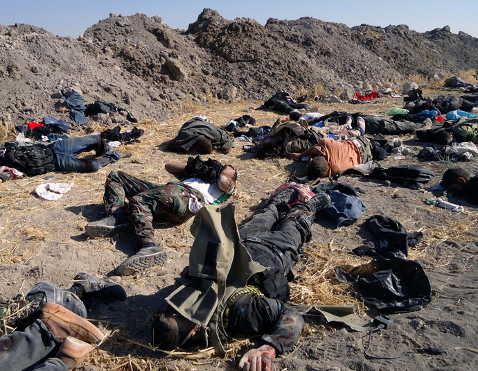 A handout picture released by the Syrian Arab News Agency (SANA) allegedly shows bodies of rebel fighters after being ambushed by government forces in the industrial city of Adra outside Damascus, on July 21, 2013 (AFP Photo / SANA)