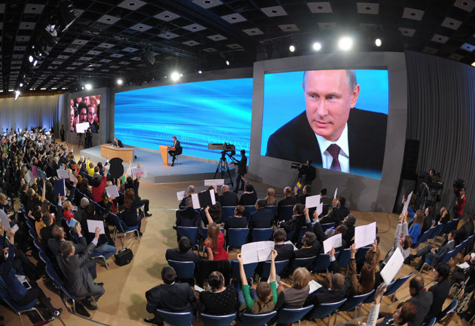 President Vladimir Putin facing reporters at the annual Q&A session in the World Trade Center, Krasnyaa Presnya, Moscow, December 19, 2013.(RIA Novosti / Aleksey Nikolskyi)