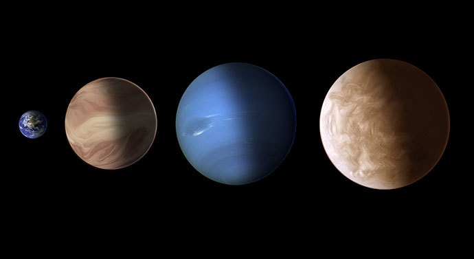 This illustration compares the sizes of exoplanets GJ 436b and GJ 1214b with Earth and Neptune. Image credit: NASA, ESA, and A. Feild and G. Bacon (STScI)